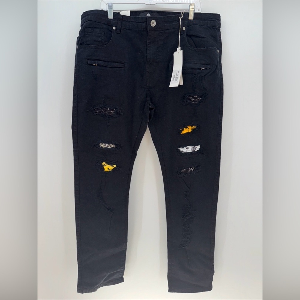 Mens, Focus Brand, Black, Straight Leg, Patches, Size 40X32